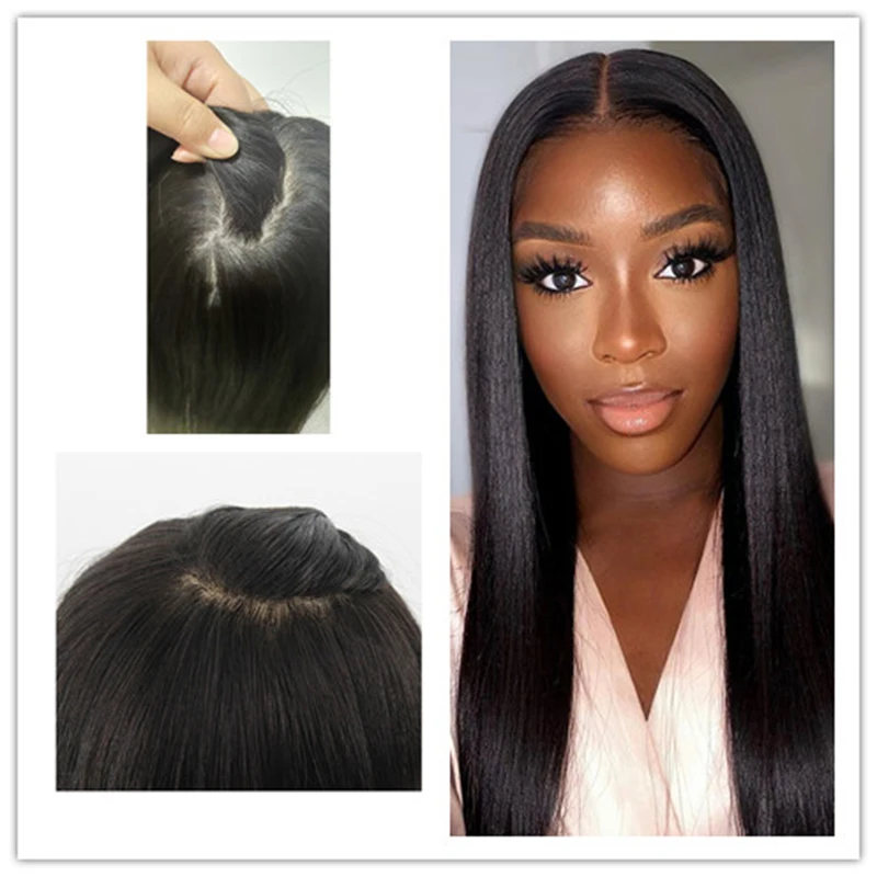 Natural Black 100% Remy Human Hair Topper Middle Part With Silk Top +Weft Silk Base Toupee Clips Hairpiece Toupee Hair Extension