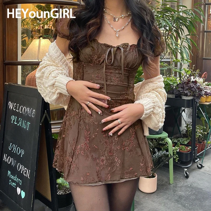 

Женское кружевное мини-платье HEYounGIRL с цветочным принтом, коричневое винтажное облегающее ТРАПЕЦИЕВИДНОЕ короткое платье в стиле 90-х, женская уличная одежда