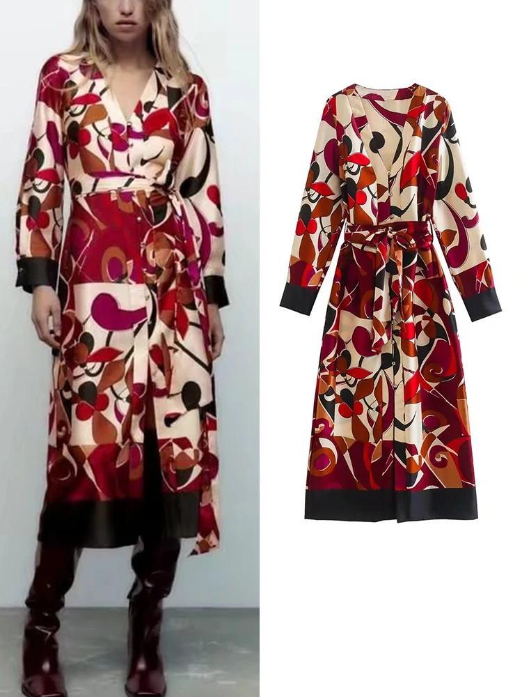 

Женское платье с поясом, длинным рукавом и принтом, до середины икры