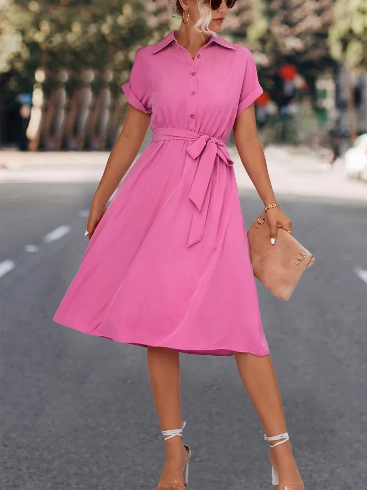 

Midi Shirt Dress Women 2023 Summer Trend Fashion Female Clothing Turn Down Collar Short Sleeve Casual A Line Dresses With Lace