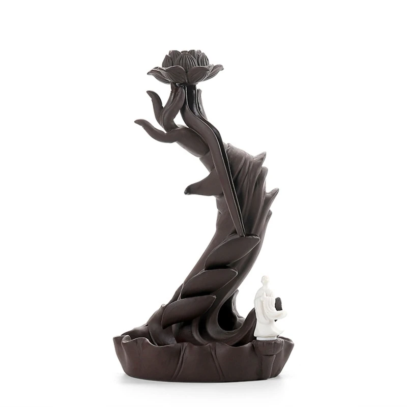 Buddha Hand Lotus Incense Burner Chinese Style Ceramic Purple Clay Backflow Censer for Home Office Yoga Room Decor