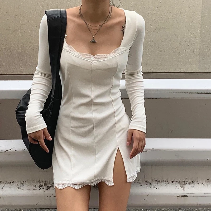 

Lace Trim Patchwork longsleeve Bodycon Casual Black Dress Women Elegant Cotton Fashion Woman Summer Mini Sexy Party Dress 4.7