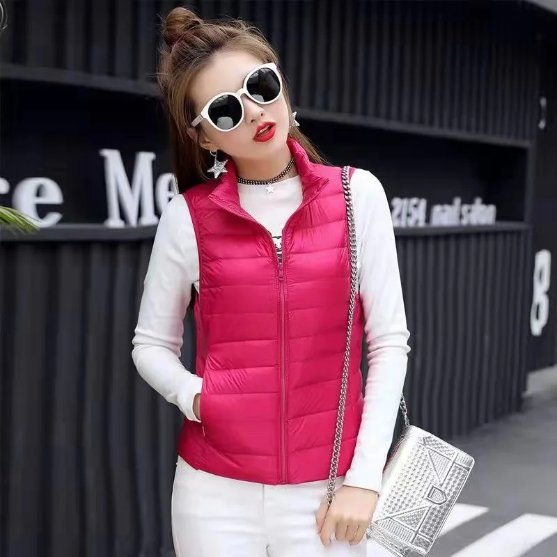 Lightweight Down Jacket Vest Ladies Stand Collar Short Zipper Pocket Loose Casual Vest Down Jacket Coat Top Female