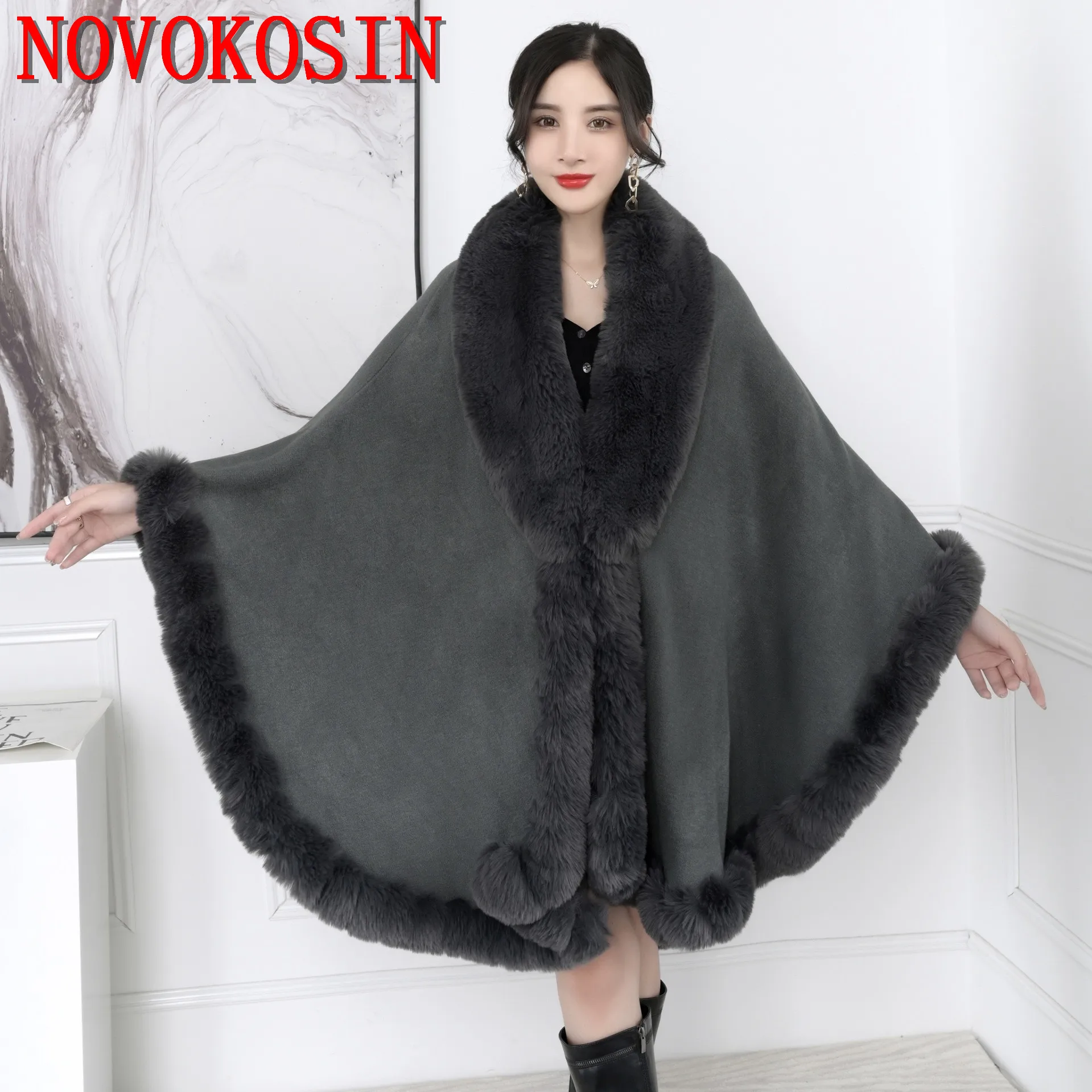 16 Colors Women String Rabbit Fur Collar Outstreet Wear Winter Thick Poncho Cardigan Long Cloak Big Pendulum Loose Shawl Coat