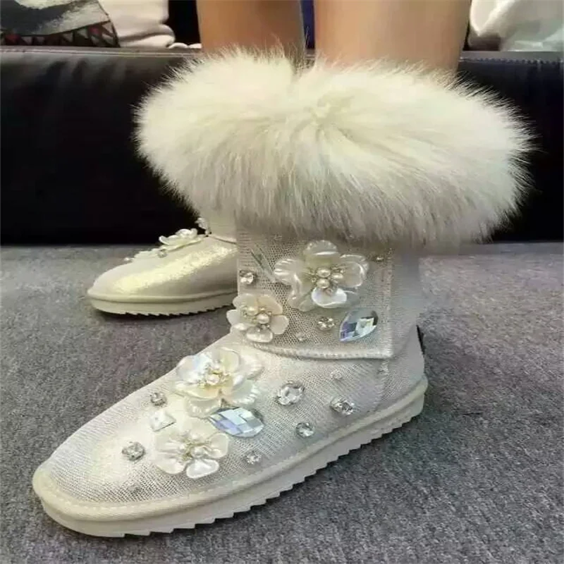 

New winter hand-custom cashmere fox hair boots with fur in one mid-calf boots diamond-female large size 35-44