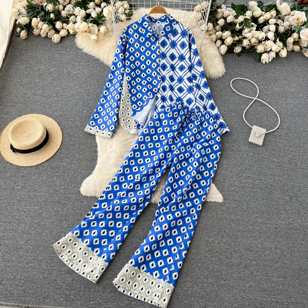 

European and American Popular Two-piece Suit Women's Printed Temperament Long-sleeved Shirt Top High Waist Wide Leg Long Pants