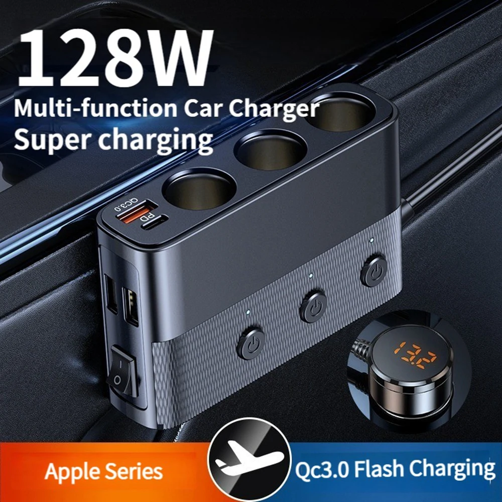 

Car Cigarette Lighter Socket Splitter 7 Ports QC3.0 18W PD 30W Fast Charge Independent Switch 128W High Power Adapter