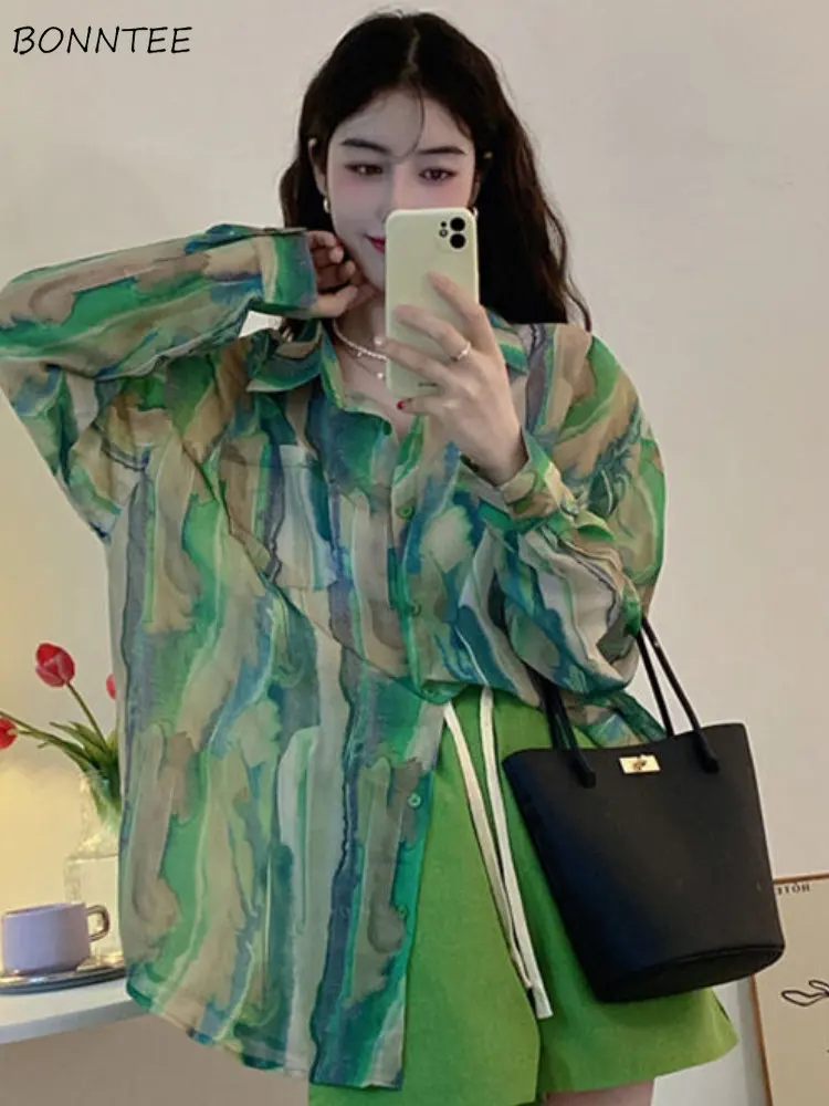 

Women Shirts Tie Dye Stylish Loose Spring Holiday Fashion Daily Sun-proof Simple All-match Korean Style Casual Elegant Ladies