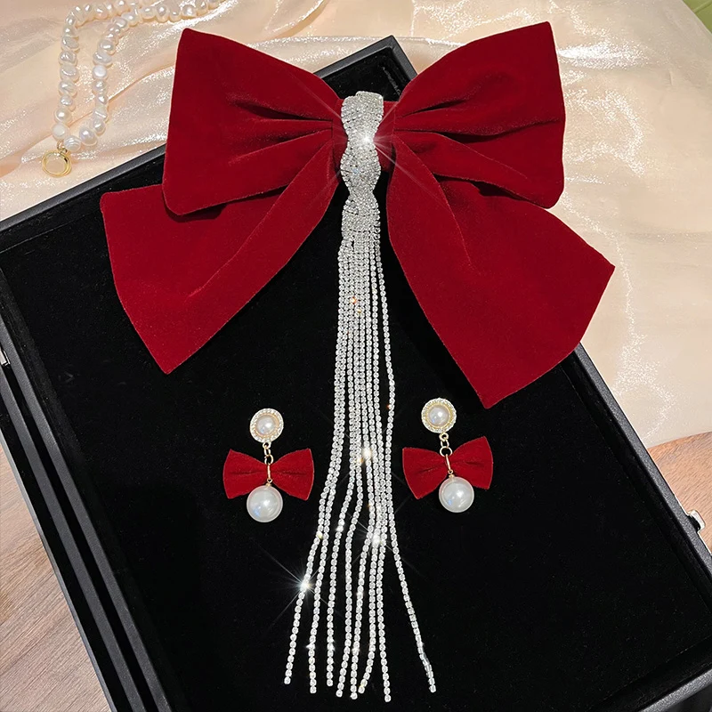 

Korean Velvet Bow Hair Pins Tassel Rhinestone Barrette Hair Clips for Women Luxulry Jewelry Spring Clip Gils Hair Accessories