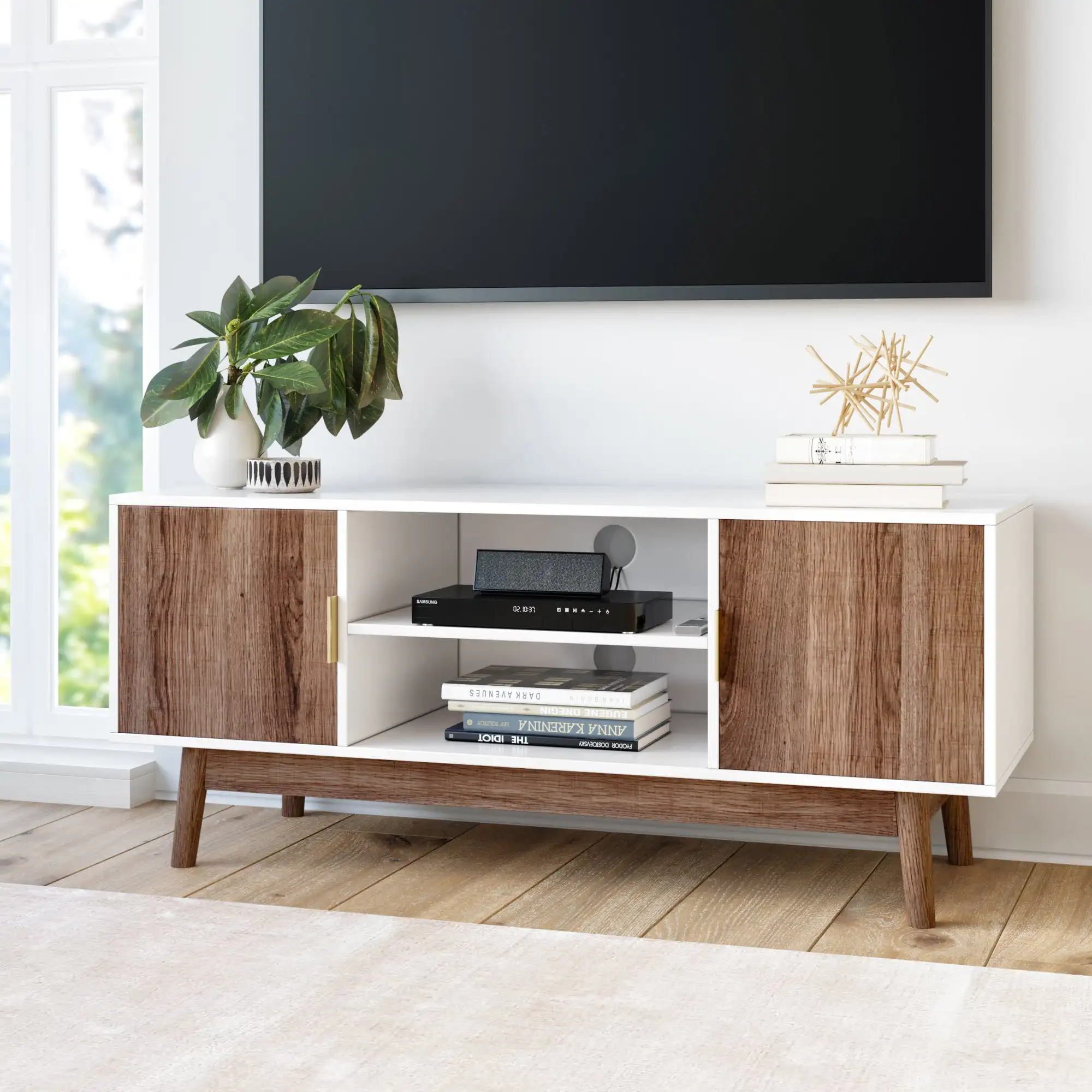 

TV Stand Media Console with White Frame and Rustic Oak Cabinet Doors