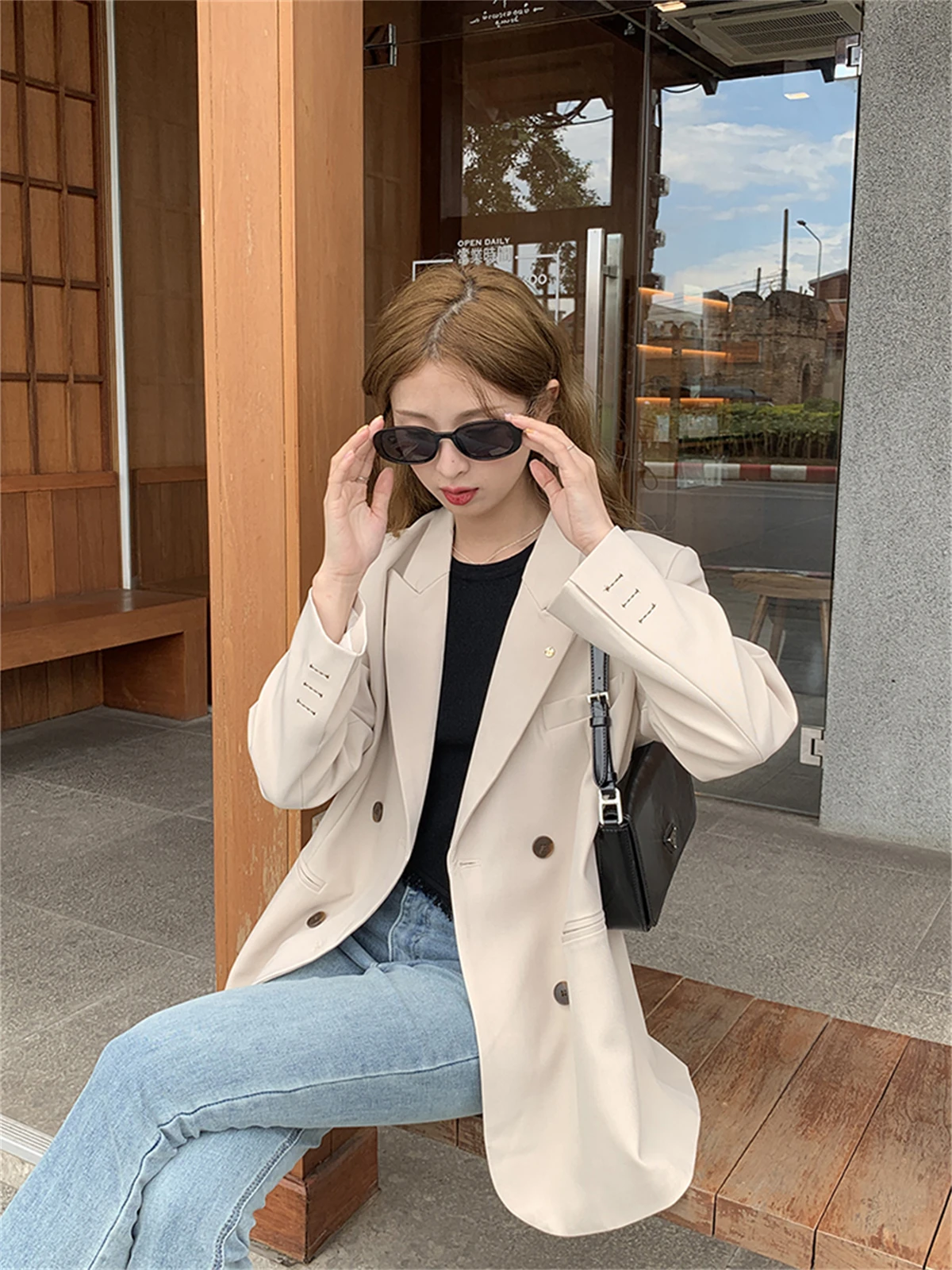 Double Breasted Shoulder Pad Suit Coat For Women's 2023 Spring New Long-Sleeved Korean Loose Temperament Top