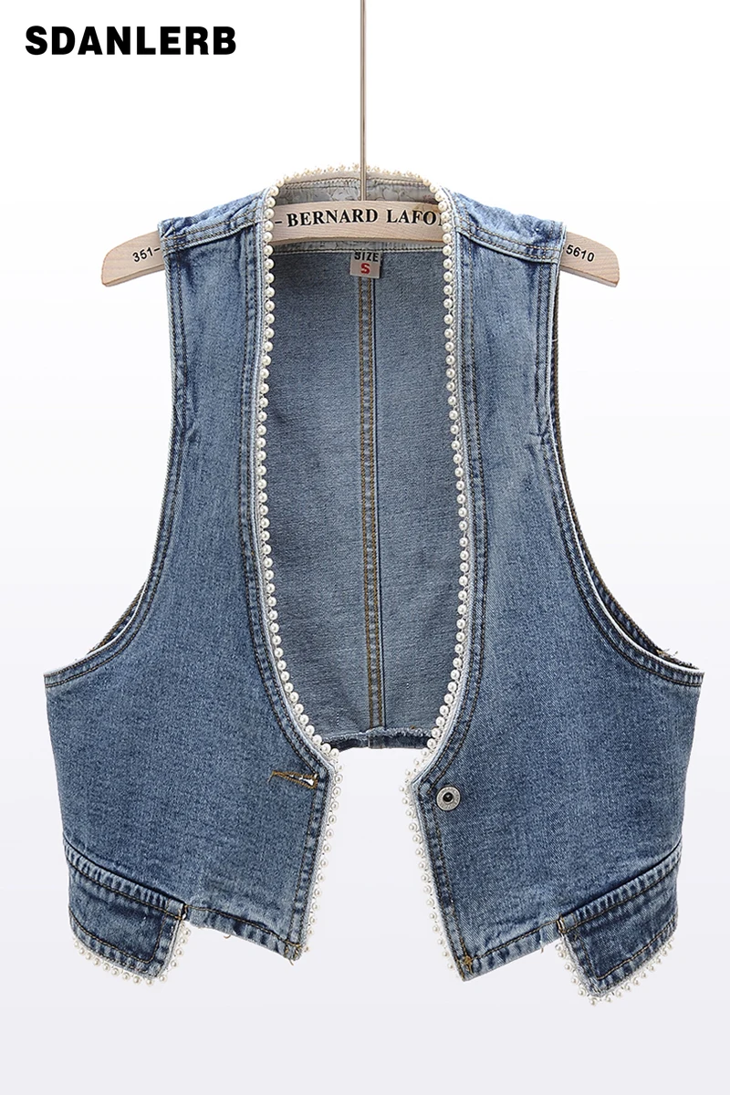 

2022 Spring Autumn New Korean Style Beaded Sleeveless Denim Vest Women's Short Vest Waistcoat Slimming Outerwear Tank Top