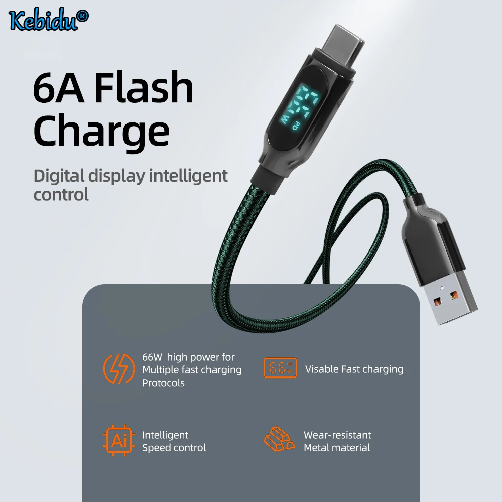 

Кабель USB Type-C для передачи данных PD 66 Вт 6A, умный кабель для быстрой зарядки с цифровым дисплеем, провод передачи данных для Huawei, Xiaomi, Samsung, 1 м