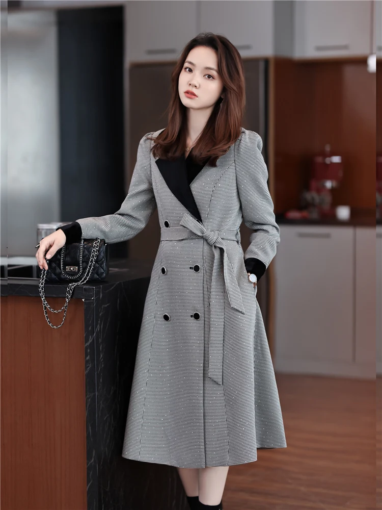 Women Chic Houndstooth Trench Coat Elegant Casual Long Outerwear Overcoat Fashion Double-breasted Overknee Windbreaker