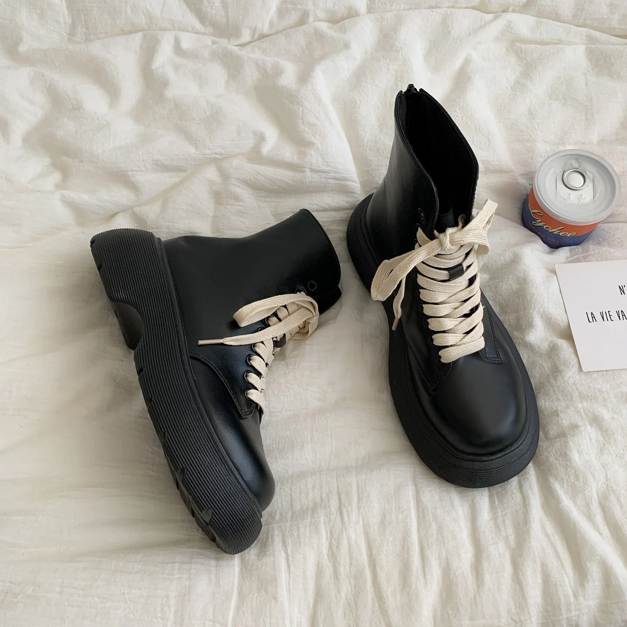 

Shoes Women's Sneakers Summer 2022 Platform New Thick Sole Leather Heels Basic Med Solid Rubber Lace-Up Rome PU Ankle Autumn Rou