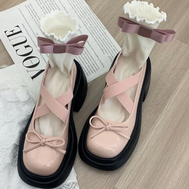 

Women Bow Marie Jane Shoes Platform Fashion Mid Heels Sandals 2023 Autumn New Pumps Lolita Shoes Dress Casual Chunky Mujer Shoes