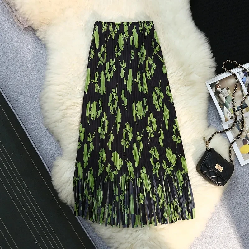 

2023 New Spring Summer Stylish Floral Print Skirt For Women Clothing Elastic Waist Versatile Slim Tassel Pleated Skirts BC327