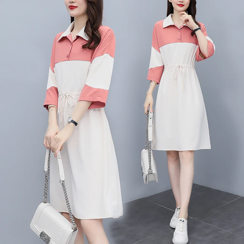 

Chiffon Women's Mid Length Dress Loose In Summer Polo Collar Splicing Short Sleeve Female Clothing Movafag
