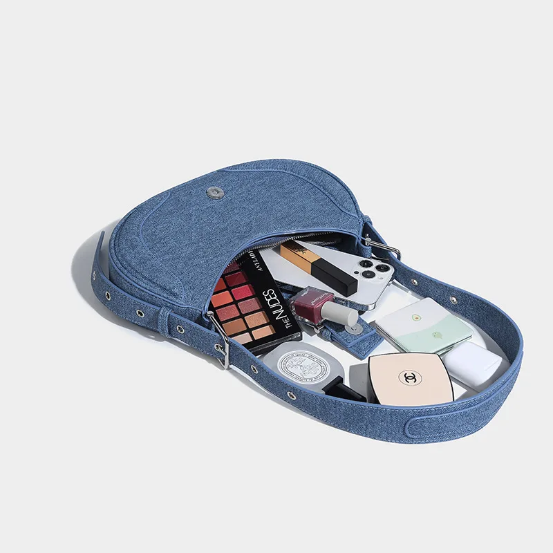 LOERSS Denim Bag for Women's Vintage Shoulder Bag Fashion Denim Design Half Moon Bag Casual Female Underarm Bag Adjustable Bag