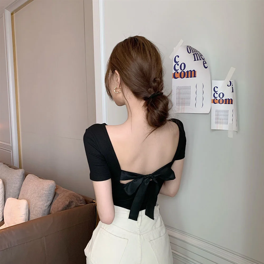 

Vintage Temperament Backless Bow T-shirt For Women's Slim Fit Fashion Short Sleeve Tops Women Solid Color Stretch Casual Tees