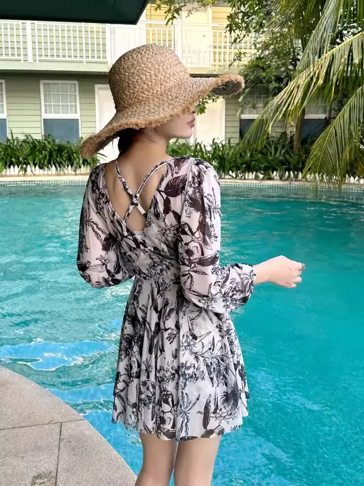One-Piece Swimsuit Women's Long sleeve Sun Protection Slimming Conservative Hot Spring Seaside Print High-Grade Skirt