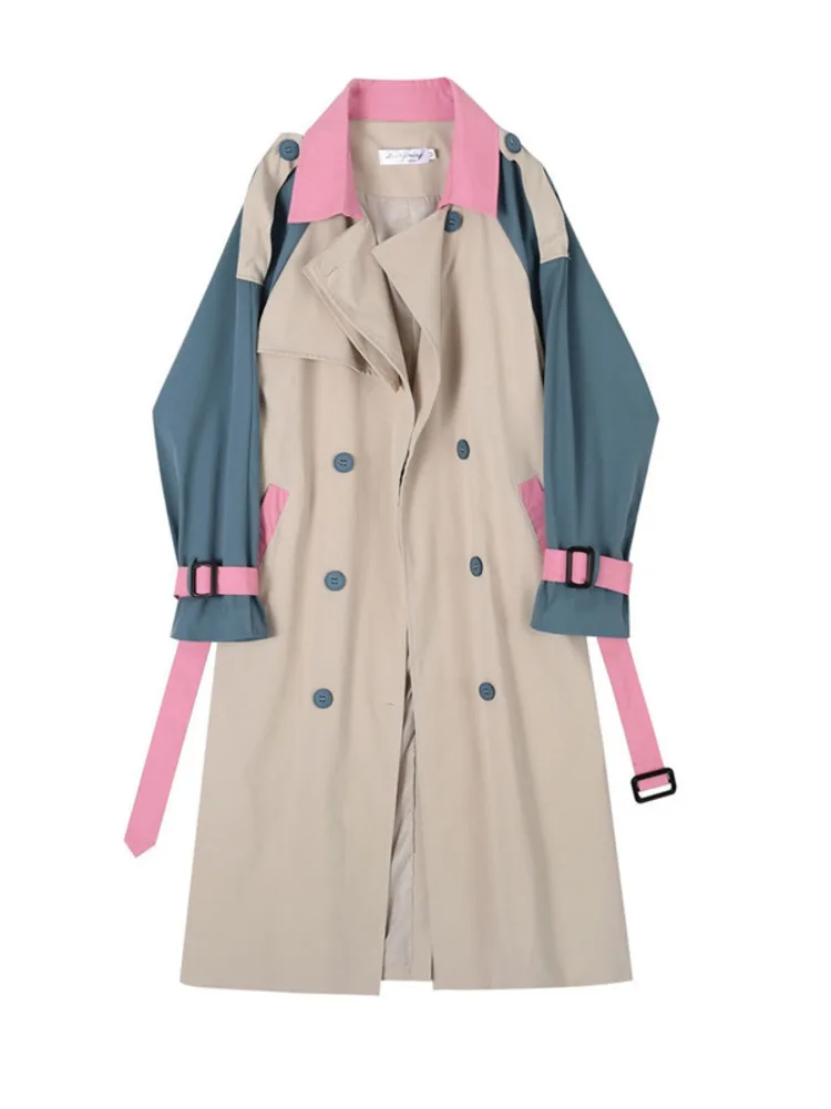 Женский Тренч средней длины контрастного цвета в стиле пэчворк с поясом осенняя