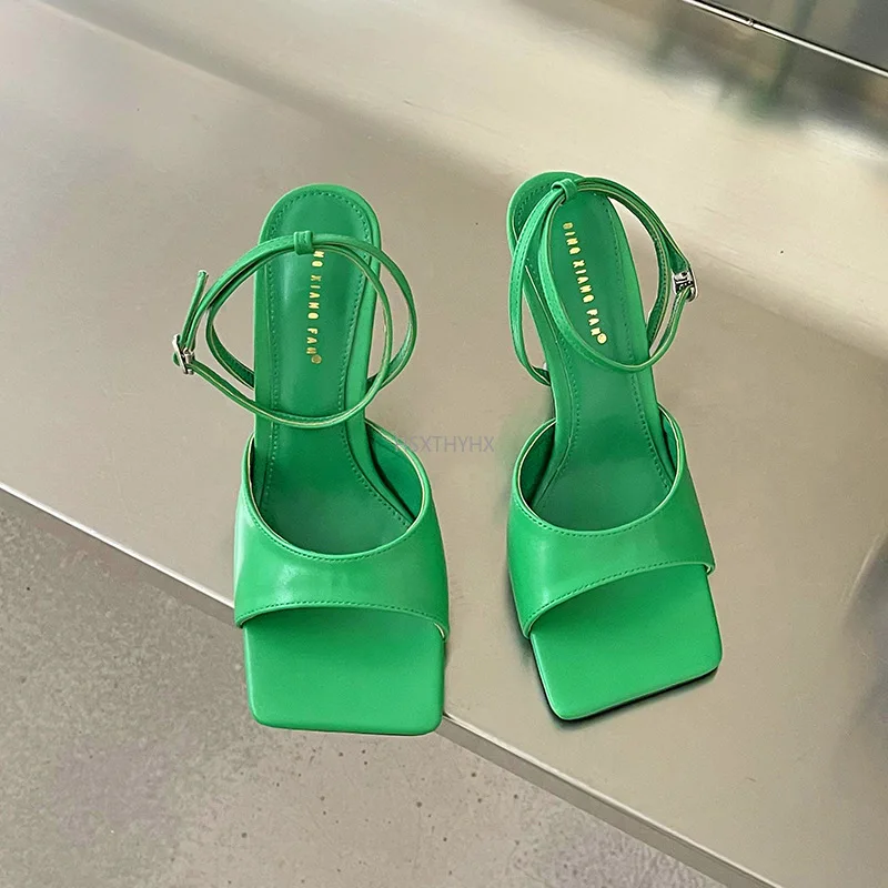 

2022 Green Ankle Strap Square Toe Women Sandals Fashion Thin High Heel Gladiator Sandal Narrow Band Party Dress Pump Shoes