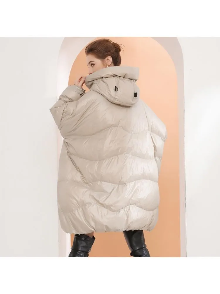 High-End Thicked Black Long Loose 90 White Duck Down Coats Women's Hooded Warmer Bread Clothing Korean Version Jackets