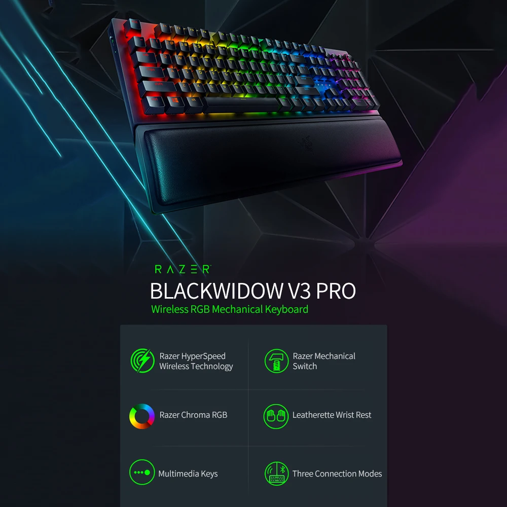 

Беспроводная игровая клавиатура Razer blackтна V3 Pro, механическая клавиатура Razer Chroma RGB с зеленым механическим переключателем Razer