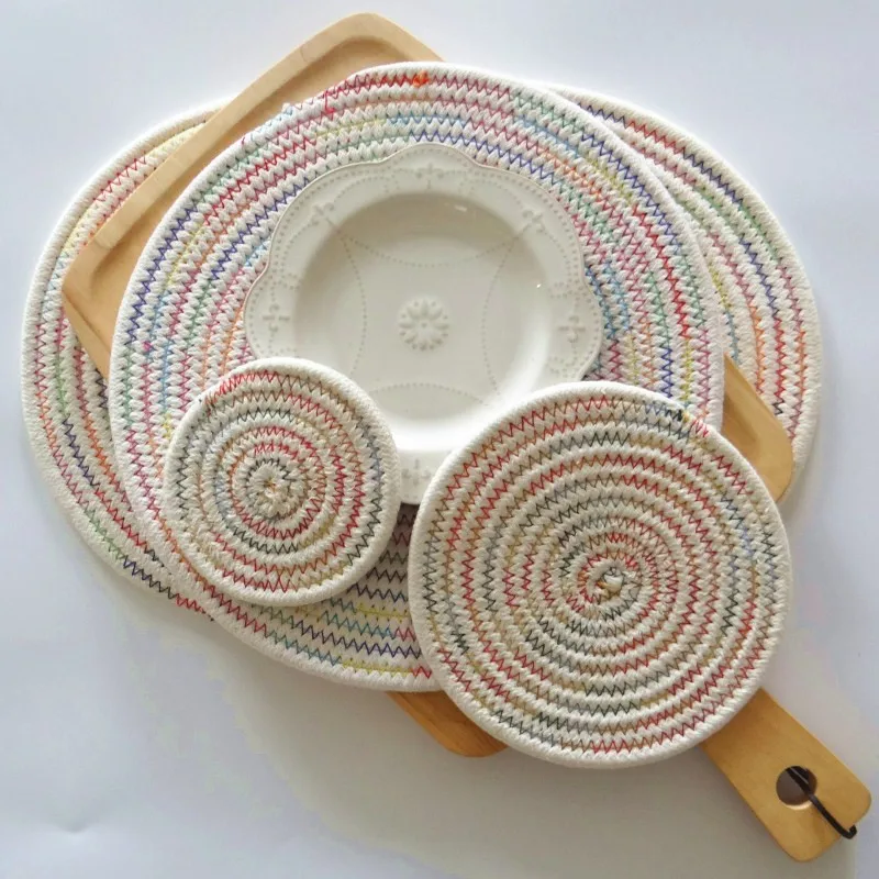 

1Pc Cotton Rope Rainbow Thread Weave Round Table Placemat Cup Coaster Non-Slip Tableware Bowl Pad Kitchen Decor