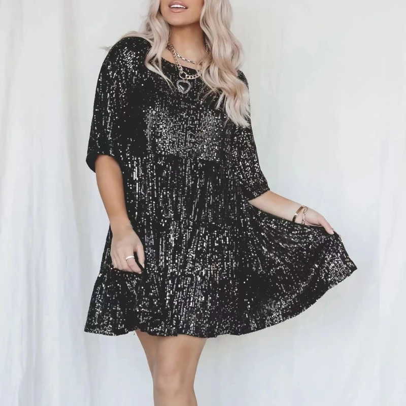 

Женское свободное повседневное мини-платье с коротким рукавом и круглым вырезом, струящееся блестящее дизайнерское платье