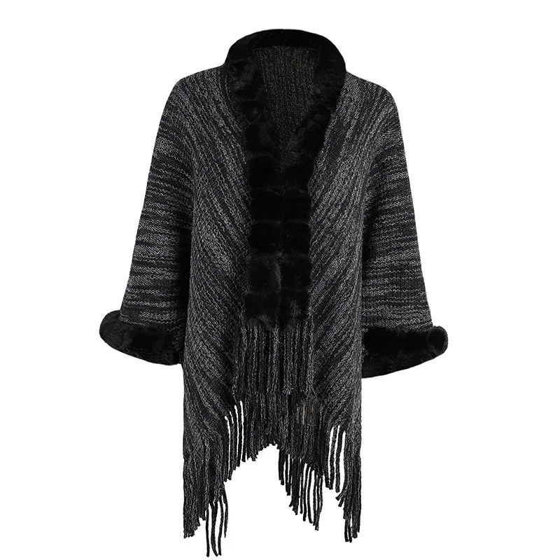 Autumn Winter New European American Capes Shawl Imitation Wool Collar  Tassel Sweater Ponchos Lady Cape Cloak Black Cardigan