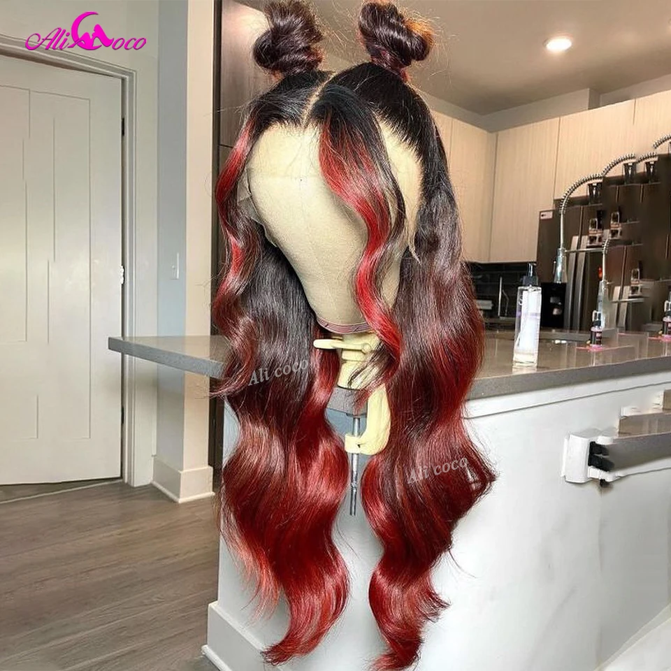 

Ali Coco Hair Body Wave Highlight Red Human Hair Wigs For Black Women Peruvian Remy Hair 13X4 Lace Frontal Wig Pre Plucked