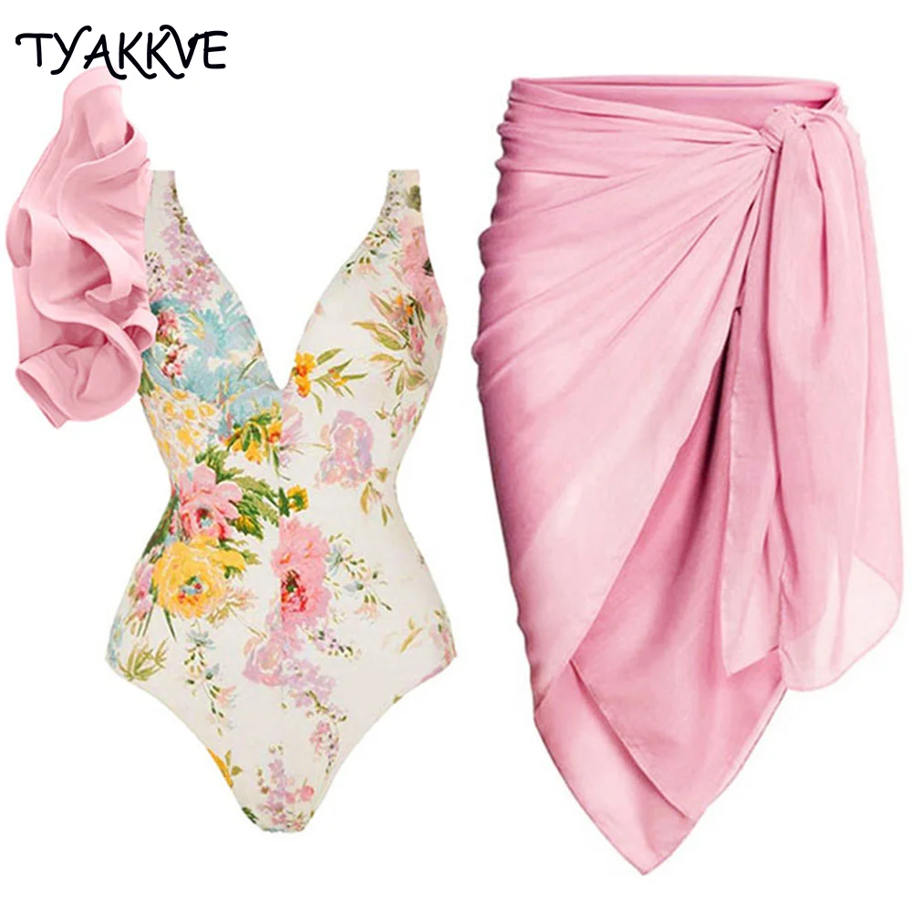 

TYAKKVE One Piece Women Swimwear 2023 Sexy Deep V Swimsuit Cover Up Retro Print Monokini Bikin Ruffle Bath Suit Summer Beachwear