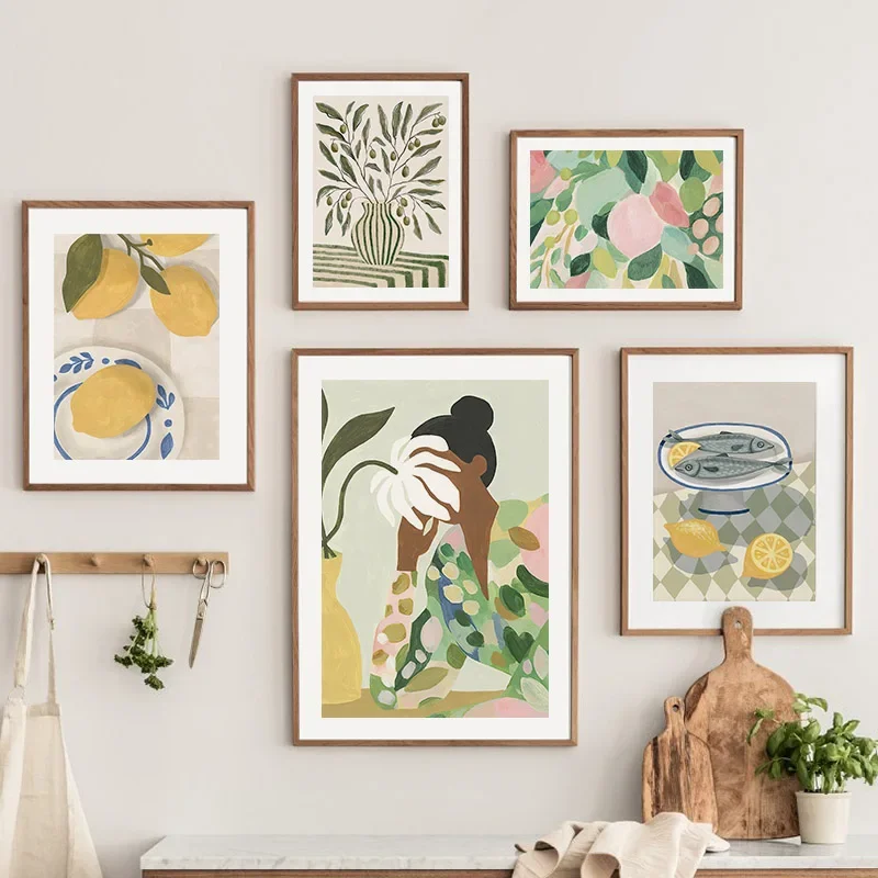 Абстрактная манго рыба вино женщина сыр цветок Картина на холсте скандинавские