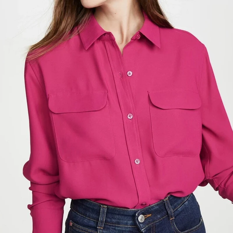 

100% Silk 2021 Spring and Summer Classic Double Pocket Long Sleeve Lapel Single Breasted Casual Shirt Women