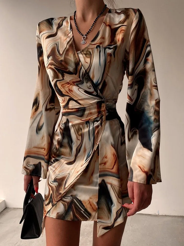 

Women Long Sleeve Party Dress Lady Elegant Spring Summer V Neck Wrap Short Dress Fashion Vintage Printed Slim Mini Dress Vestido