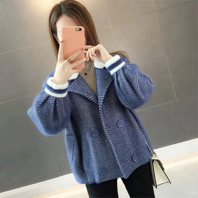 Women's Short Section Pretty Herringbone Wool Jackets Fashion Double Breasted Spring Coats Female Knitted Mink Jacket Sweater