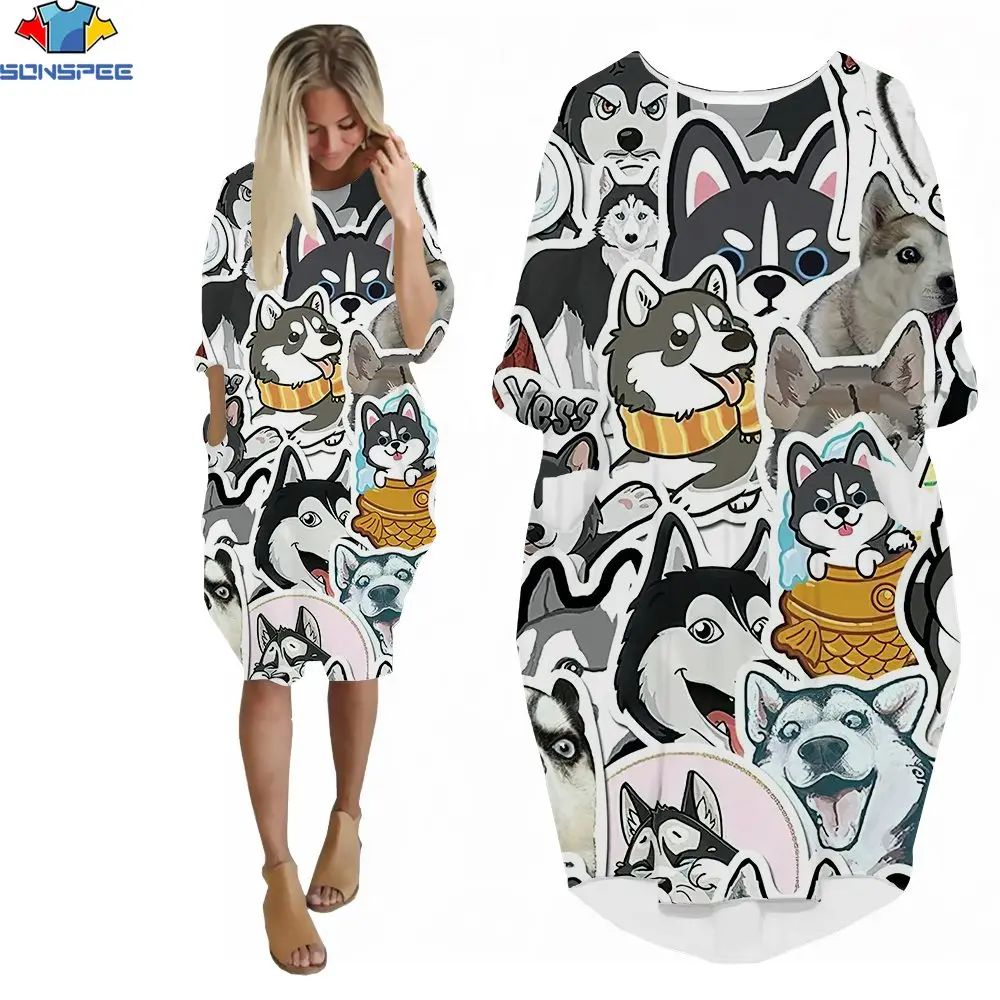 Женское платье SONSPEE с 3D принтом, мультяшное милое летнее платье с изображением хаски и собаки, Лидер продаж, универсальное карманное платье в стиле Харадзюку