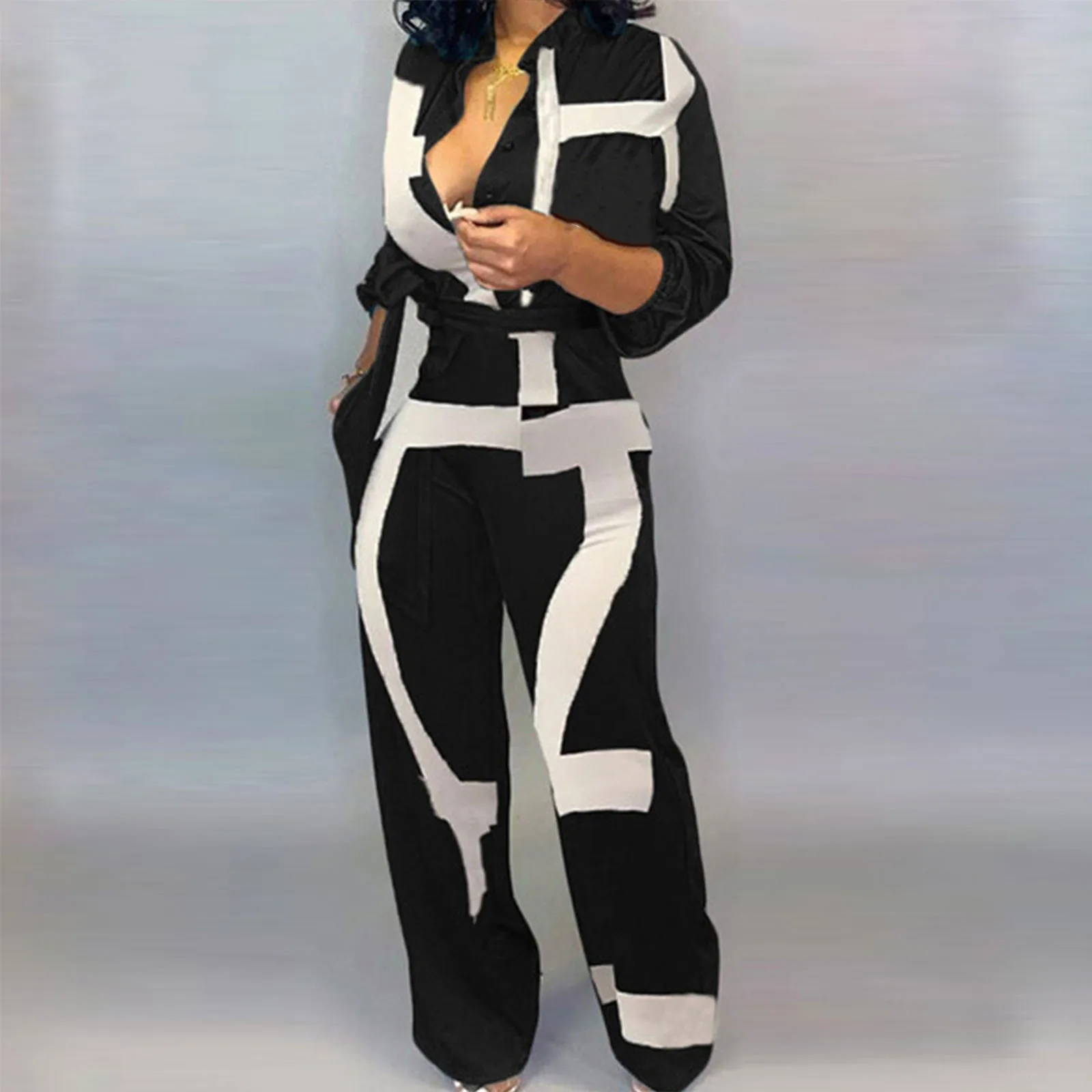 

Женская Сексуальная Блузка с открытой передней частью, с воротником-стойкой и длинными рукавами, комбинезон, повседневные брюки, комбинезоны для женщин