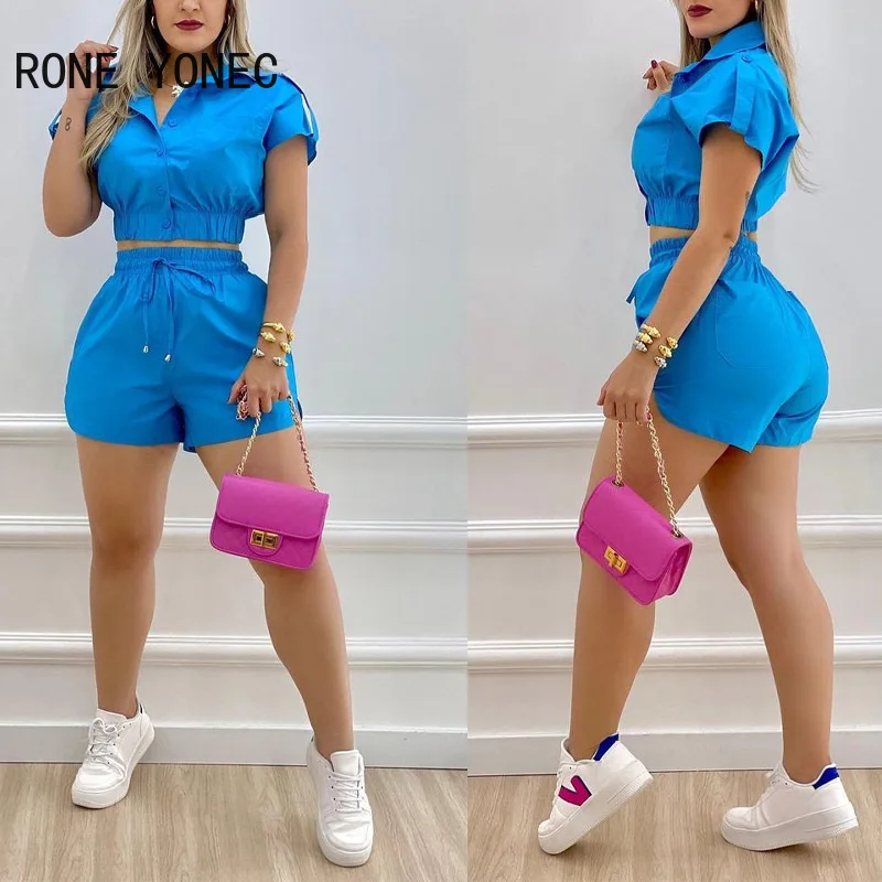 Women Casual Sporty Turn Down Collar Elasstic Waist Tape Solid Summer Short Sets