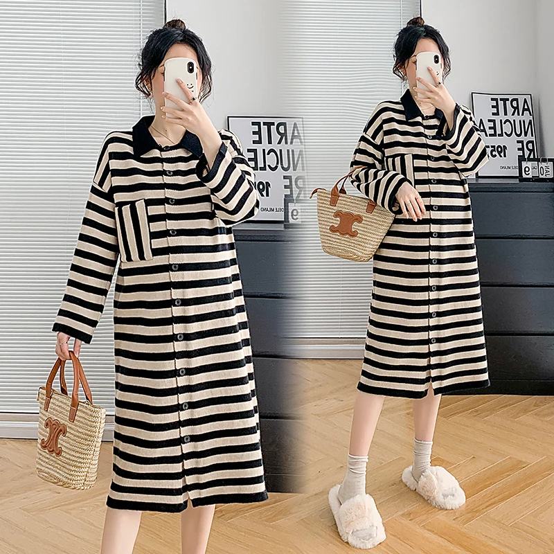 

3041# 2022 Autumn Winter Knitted Striped Maternity Dress Casual Loose Straight Clothes for Pregnant Women Pregnancy Clothing