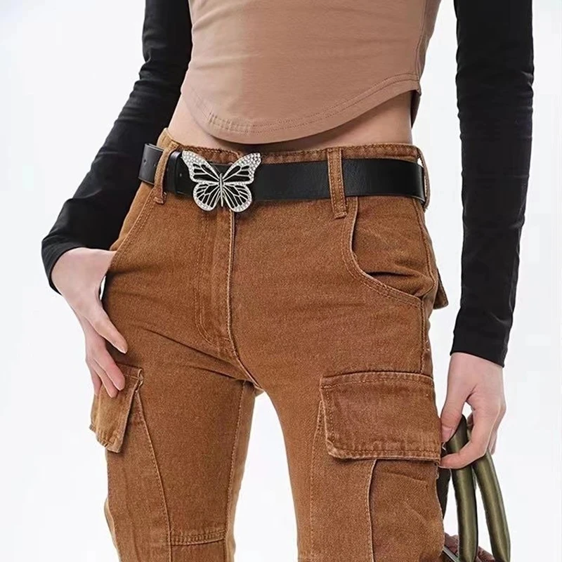 

Vintage Diamond Butterfly Buckle Belt Women Harajuku Y2K Street Fashion Girls Jeans Dress Waistband For Women Pu Leather Belt