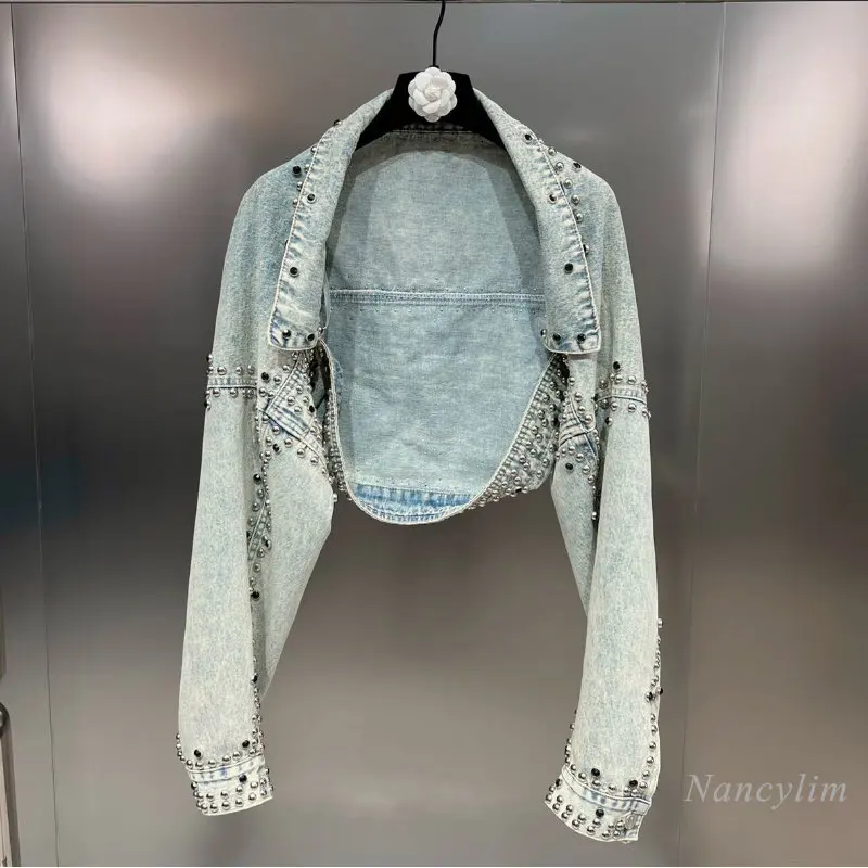 Short Open Y2K Denim Jacket for Women 2022 Fall Lapels Long Sleeve Nail Beads Rivet Jean Coat Street Cropped Top Harajuku Coats