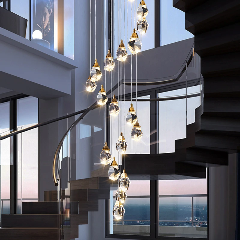 

Room Decor Led Art Chandelier Pendant Lamp Light Christmas Decoration New Crystal Cube Indoor Stairs Loft Long Spiral