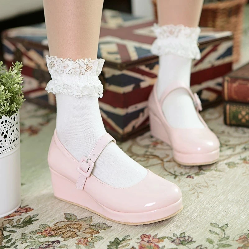 

Anime Cosplay Sweet Lolita Shoes Round Head Muffin Heel Woman Shoes Bowknot Kawaii Loli Cos Wedge Female Pu Women's Footwear