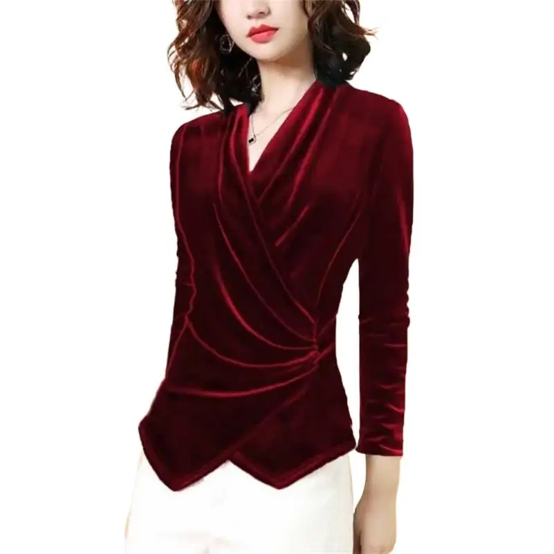 

Velvet V-neck Oversized Tshirt Tops 2023 Fall Winter Slim Fit Pullover Tops Korean Long Sleeve Elegant Tee Chic Women's Blouse