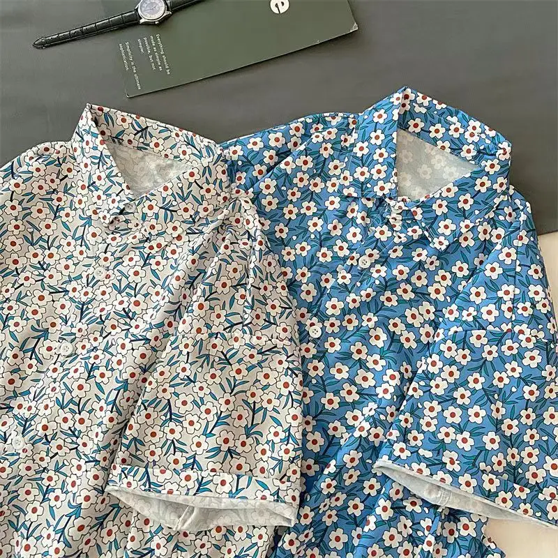 Vintage Luxury Fashion Floral Full Print Short Sleeve Shirt Men and Women Blouse Ins Summer Button Up Shirt Casual Korean Shirts