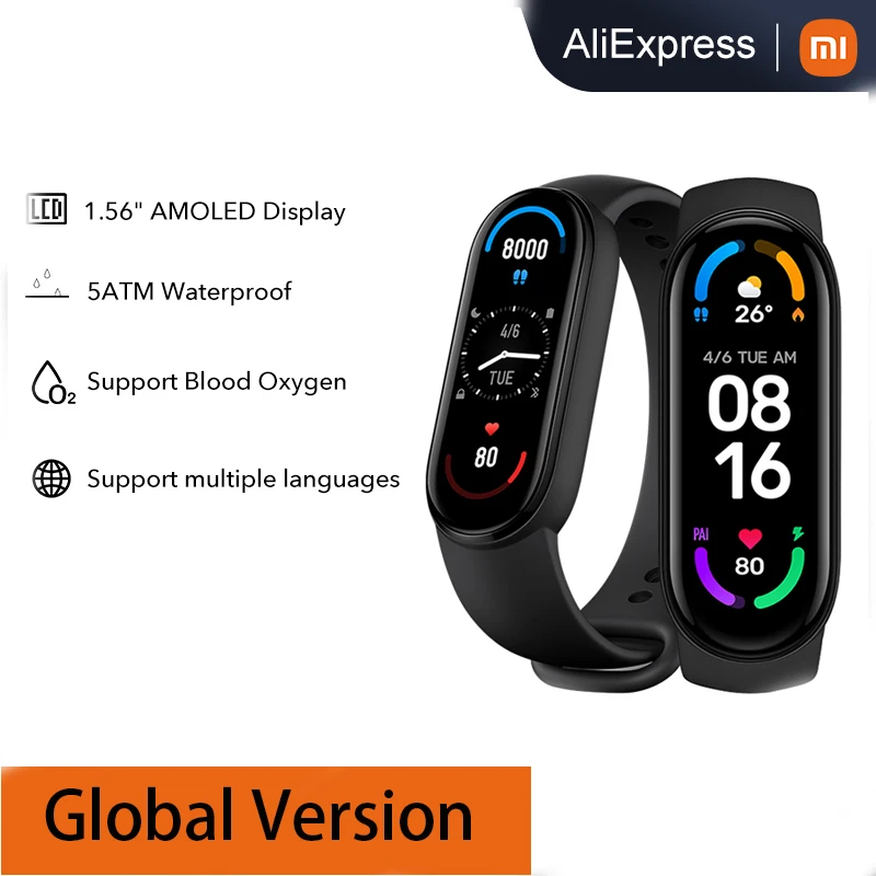 

Смарт-браслет Xiaomi Mi Band 6 для мужчин и женщин, 1,56 дюйма, AMOLED экран, пульсометр, фитнес-трекер, Bluetooth