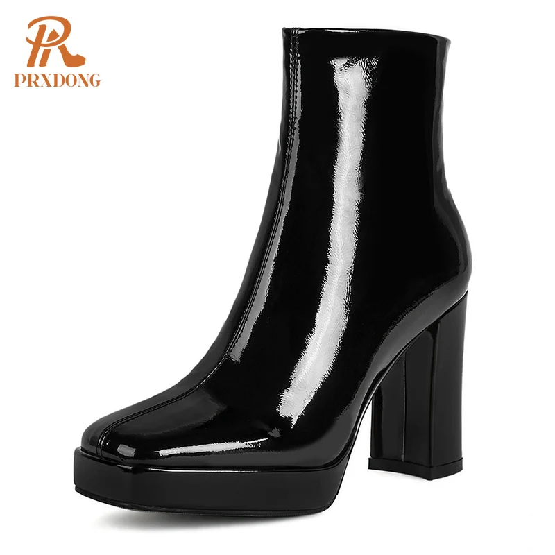 

PRXDONG 2023 New Fashion Patent Leather Women's Ankle Boots Autumn Winter Warm Chunky High Heels Platform Shoes Black White 40